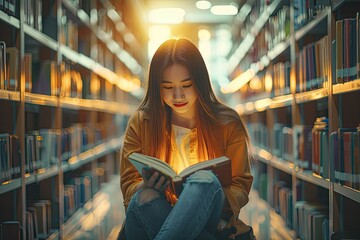 Detailed Color Picture of Smart Female Student with Book in Library