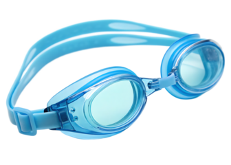 A close up shot of light blue swimming goggles with clear lenses on a black background studio shot