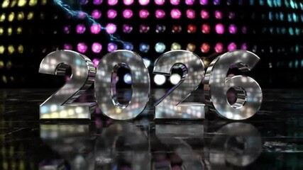 A chrome 2026 reflects spinning disco ball lights on a vibrant dance floor for a retro happy new year 2026. Perfect for a groovy and energetic party promotion