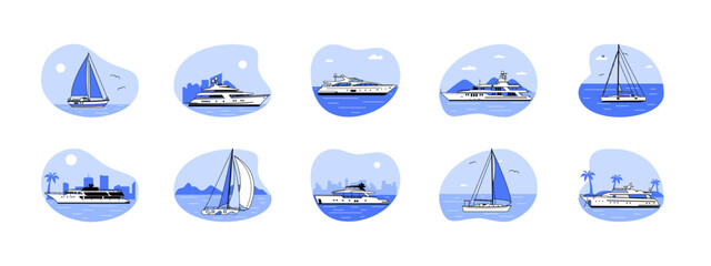Yacht illustrations set. Modern yachts illustrations. Luxury boat concept. Flat vector Illustration.