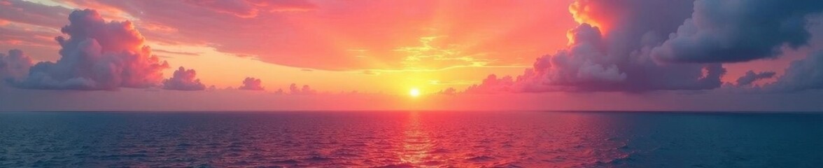 Obraz premium Fiery orange and pink hues paint the sky above a calm ocean , view, vibrant