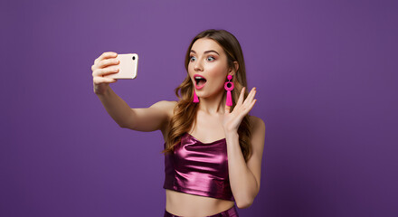 A surprised young woman with pink earrings and top takes a selfie against a purple background waving her hand.