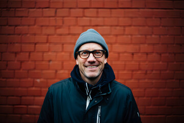 Smiling man in glasses and a beanie stands before a red brick wall wearing a dark winter coat.