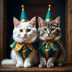 Two adorable kittens sit side-by-side dressed in whimsical teal and gold party hats and matching ruffled capes.