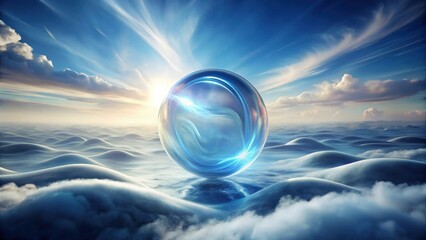 A luminous orb floats serenely above a boundless expanse of ethereal, undulating clouds under a vibrant sky at sunrise