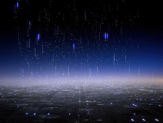 Futuristic cityscape under a digital rain of light