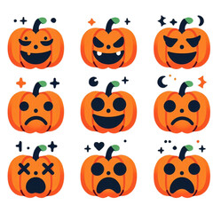 Spooky Halloween pumpkin set for autumn celebration design with scary faces, vector illustration
