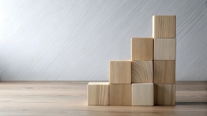 Wooden blocks arranged in ascending order on a table against a light wall, symbolizing growth, progress, and development