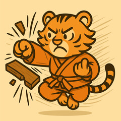 A cartoon tiger breaking a wooden board with a powerful paw strike, wearing an orange kung fu uniform. Comically serious expression, action lines, and motion blur add energy. Minimal background.