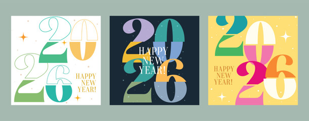 Happy new year 2026 colorful text clipart set. New year greeting card with 2026 lettering, calligraphy and typography for calendar flyers and poster clip art collection vector illustration.
