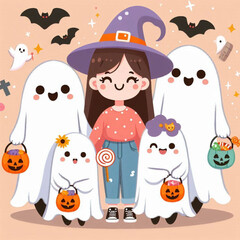 Fototapeta premium Adorable Halloween Witch and Ghost Friends Trick or Treating