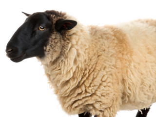 A close up shot of a sheep with a black face and beige wool on a black background in a studio setting