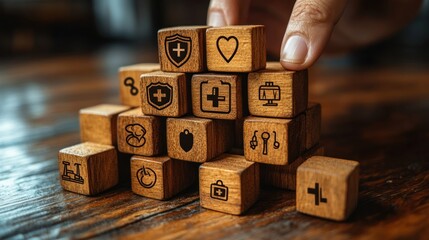 Wooden blocks form a pyramid, each displaying healthcare icons.  A hand places a block atop the structure