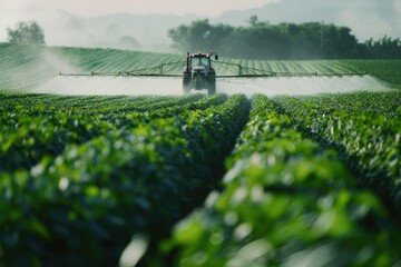 Soy Bean Field Under Irrigation System Tractor Spraying Pesticides in Countryside Crop Land