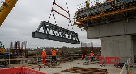 Bridge Construction Site Workers Lifting Steel Beam