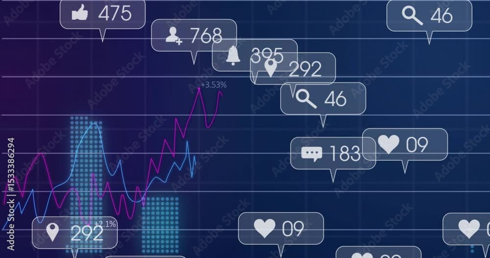Poster grid loading initiating labels rising and shifting along charts visualizing social engagement surge