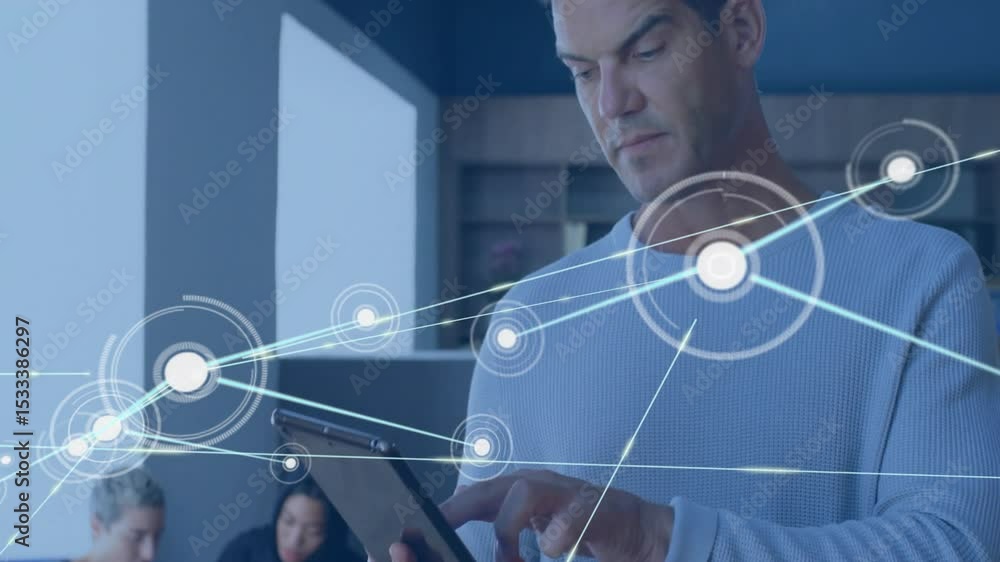 Poster mature man tapping tablet screen and visualizing data nodes for augmented reality network analysis