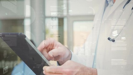 Physician tapping tablet and zooming digital chart for patient data review in healthcare reception - Powered by Adobe