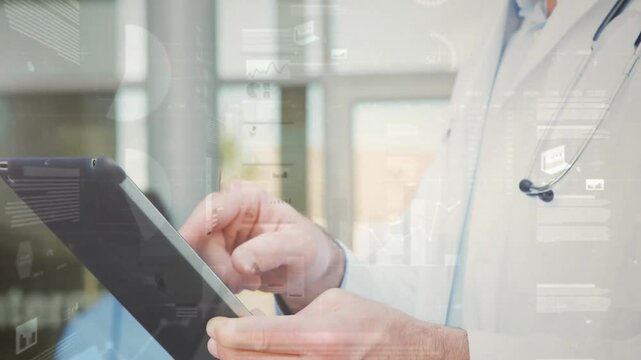 Physician tapping tablet and zooming digital chart for patient data review in healthcare reception - Powered by Adobe