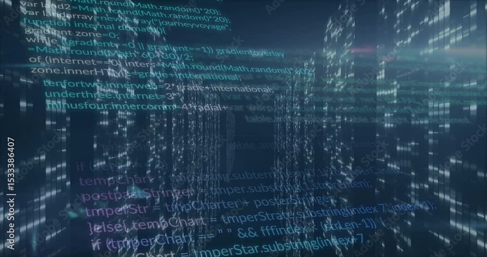 Poster forward view launching data corridor, advancing through code streams while visualizing data flow