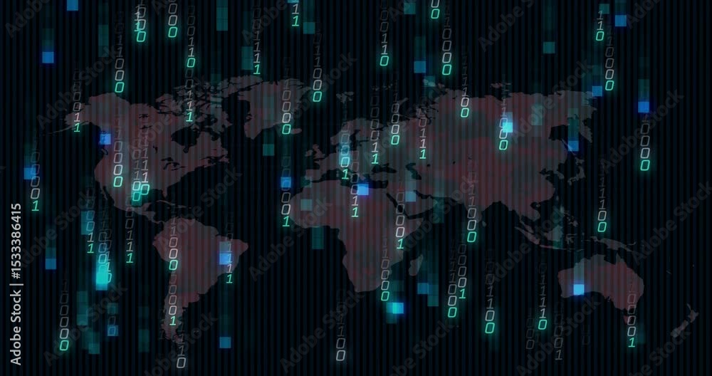 Poster Opening striped backdrop starting binary streaming over world map shifting to red visualizing data