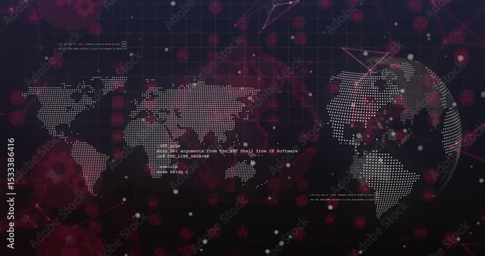 Poster Dotted map and globe appearing, code snippets scrolling and network lines tracing showing data flow