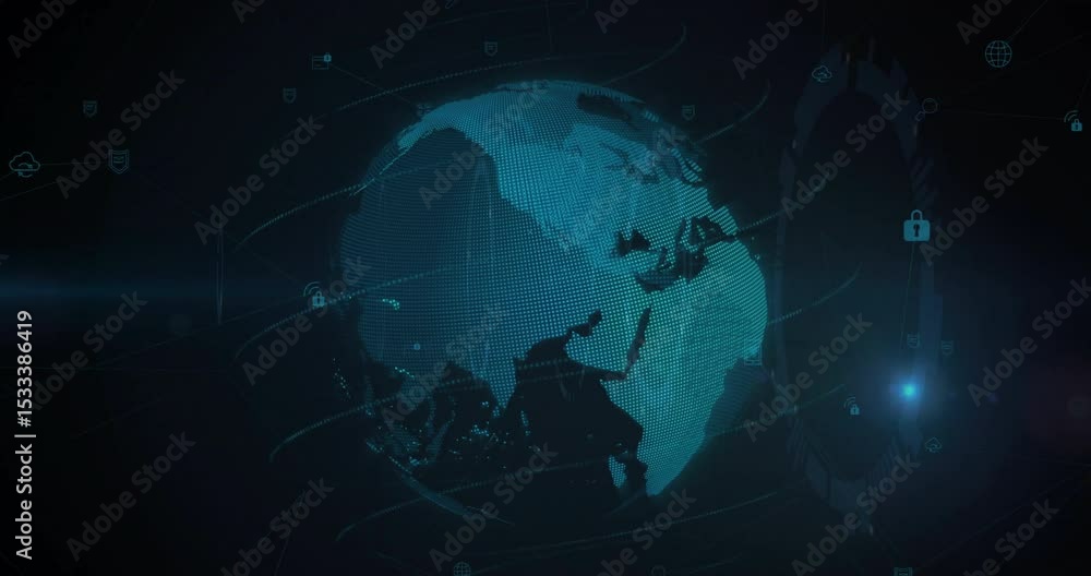 Poster map expanding into rotating globe, lines orbiting, icons appearing, scanning waves showing data