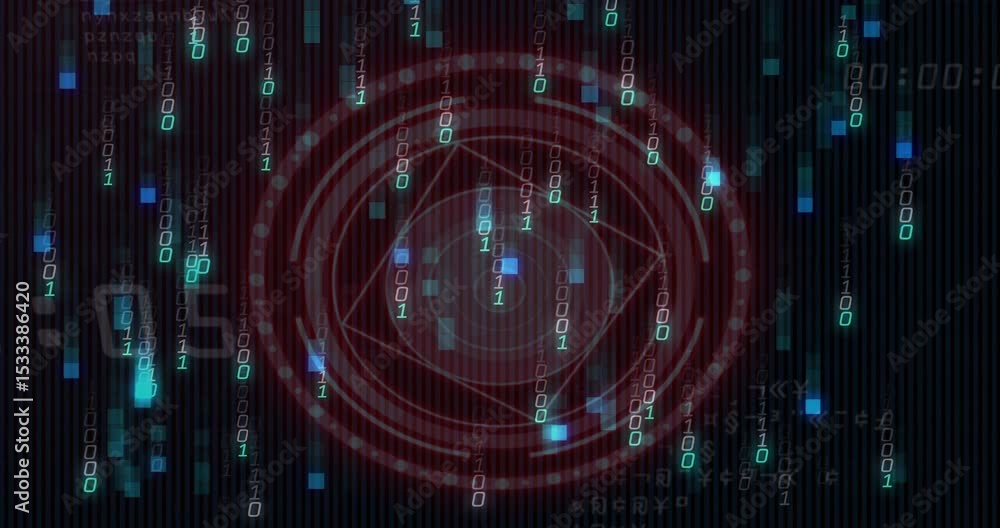 Poster red circular reticle fading in and rotating while binary digits cascading down showing data flow