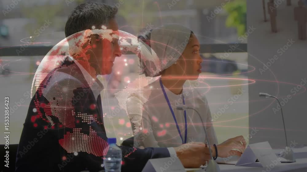 Poster two business experts at meeting initiating globe animation showing orbiting network links