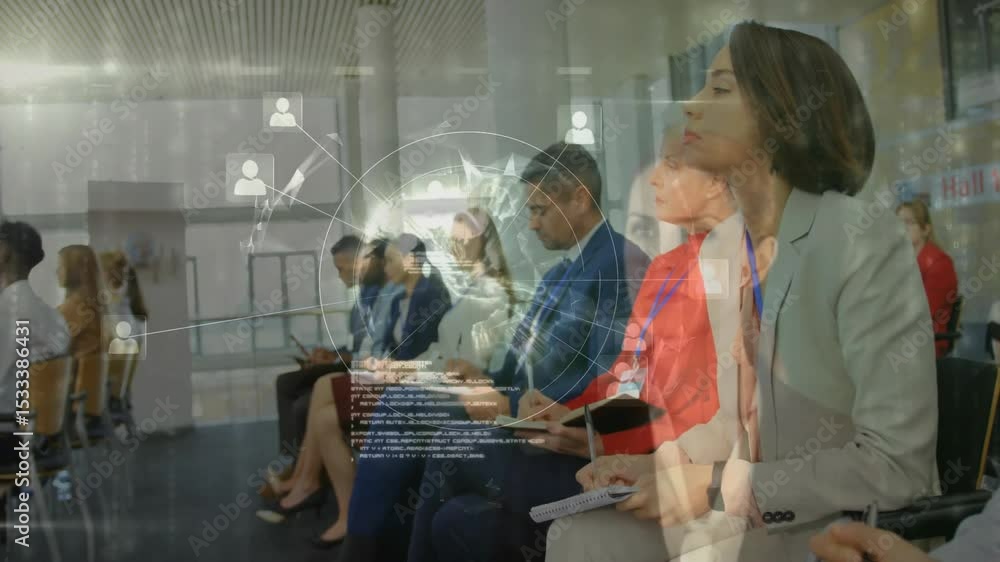Poster business professionals sitting with code fading in and generating animated global network overlay