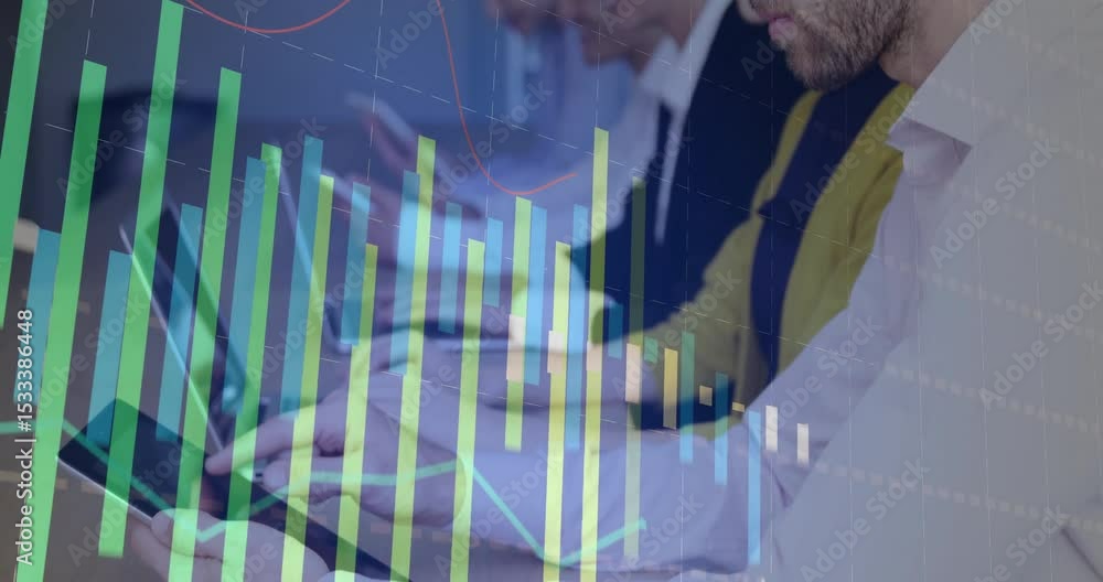 Poster chart overlay fading in over coworkers devices causing tapping typing during finance data analysis