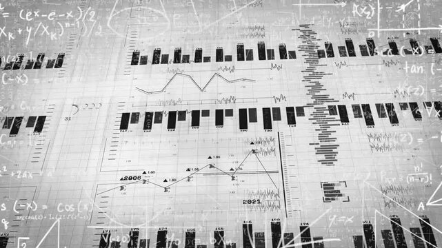 Grid-triggered bars emerging and expanding into quadrants with line graphs tracing trends rotating