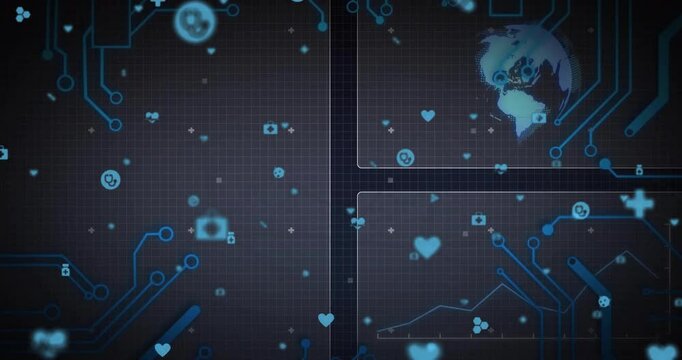 On play tech interface printing code floating icons rotating globe updating graph showing live data
