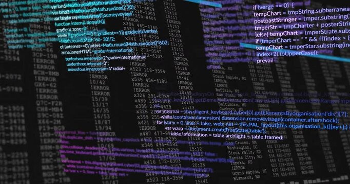 Opening dark terminal and scrolling cyan code while sliding purple fragments revealing log rows