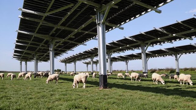 Sheep Grazing Peacefully Beneath Solar Panels on a Sunny Farm