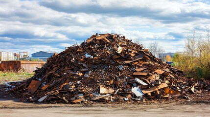 Pile of industrial waste metal and scrap parts against the backdrop of a recycling plant