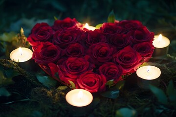 Romantic heart shape crafted from red roses and illuminated with glowing candles for valentines day