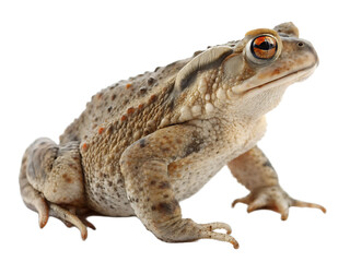 Naklejka premium A close up of a brown toad with orange eyes and spotted skin against a black background in a studio shot