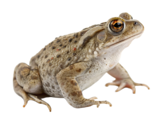 A close up of a light brown toad with speckled skin and large eyes on a black background studio shot