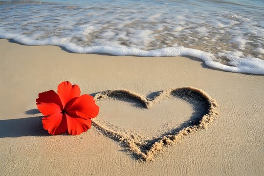 Romantic scene with a red flower and heart shape drawn on the beach sand