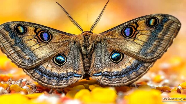 Detailed Close-Up of Junonia Iphita Butterfly on Yellow Flowers in Natural Habitat