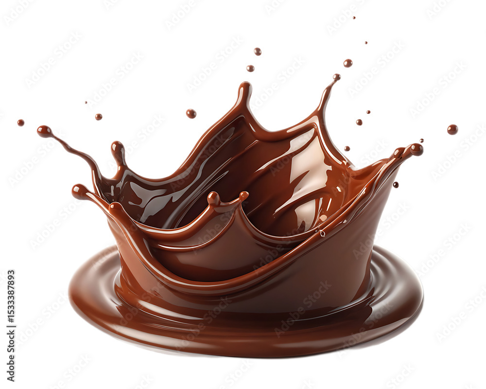Poster a dynamic splash of rich chocolate creating a crown shape on a dark background with droplets around 