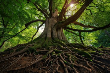 Obraz premium majestic tree with thick roots and green leaves, towering over the forest floor in an ancient woodland setting. 