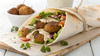 Delicious falafel wrap with fresh vegetables and creamy sauce on wooden board