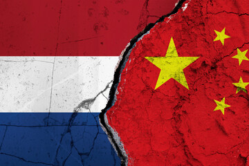 Dutch and China Split on Textured Surface Symbolizing Collaboration. Torn Flags Between China VS...
