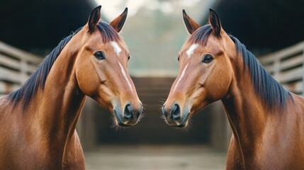 Obraz premium Two brown horses face each other with a blurred stable background, showcasing their shiny coats and attentive expressions.