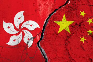 Hongkong and China Split on Textured Surface Symbolizing Collaboration. Torn Flags Between China VS...