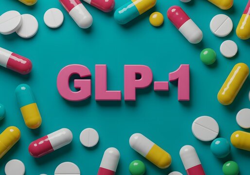 pink, Colorful pills and glp-1 text symbolize medication and treatment. wallpaper, A 3D render of colorful pills and capsules scattered on a vibrant turquoise background, the text "GLP-1" in a glossy,