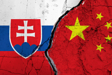 Slovakia and China Split on Textured Surface Symbolizing Collaboration. Torn Flags Between China VS...