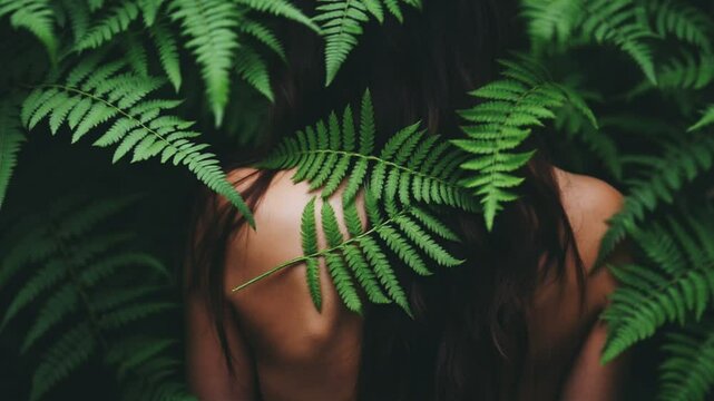 woman in fern jungle, dark moody clip, bare back imagery, hidden in nature, artistic jungle scene, serene foliage visuals, mysterious outdoor moment, enchanting fern aesthetics, captivating nature sho